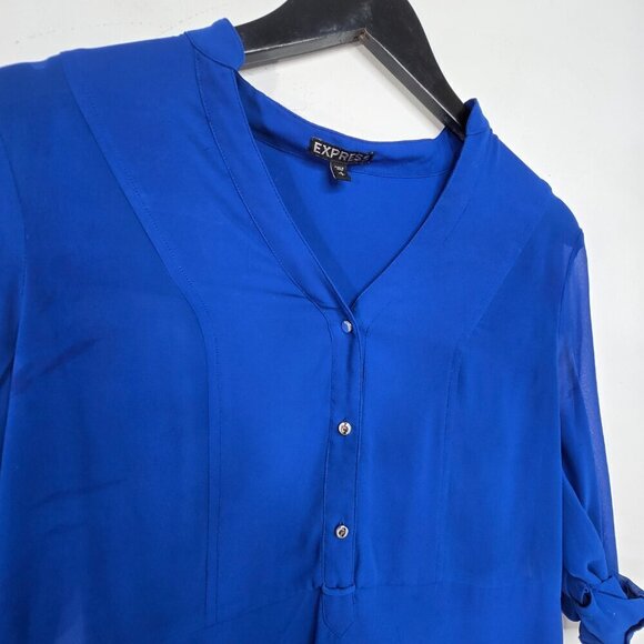 Express Royal Blue Flowy Roll Tab Henley Long Sleeve Top - Picture 5 of 8